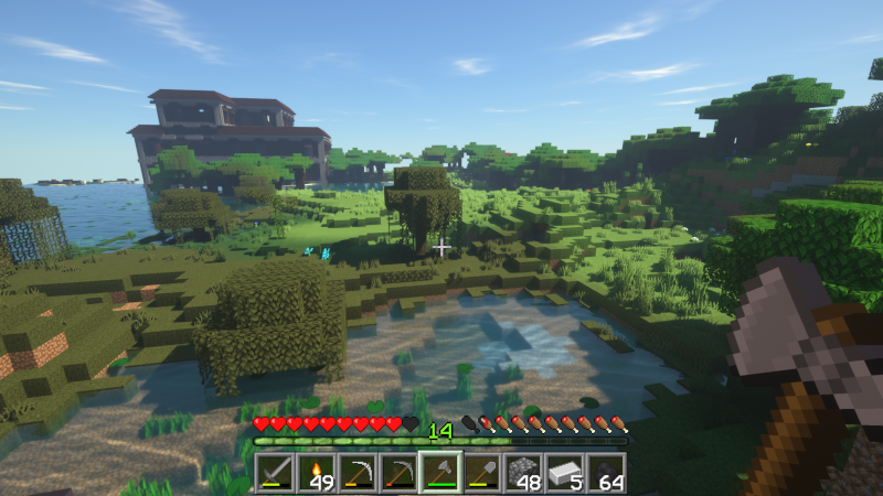 Screenshot from the Minecraft server of the swamp and the large house in the distance
